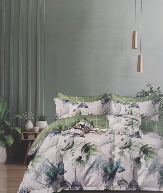 Lenjerie pat din 6 piese cu model floral verde cu alb
